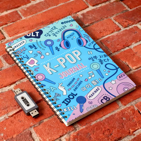 K-Pop Journal Spiral Notebook | Blue Aesthetic Kpop Doodle Diary with Korean Words & Music Icons