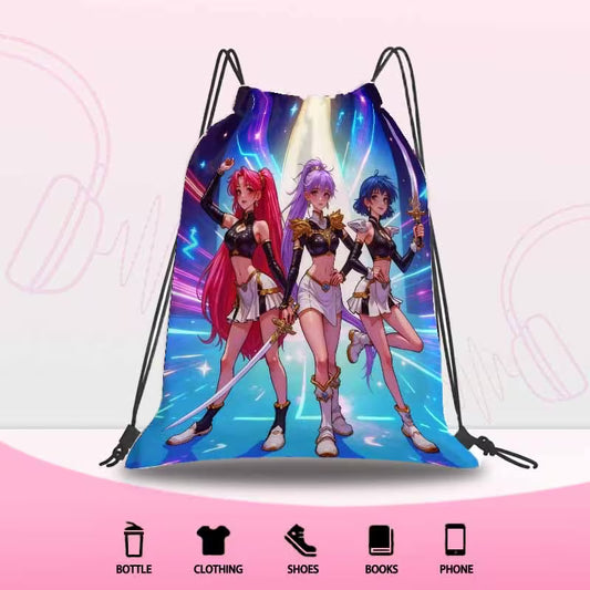 Anime Girl Warriors Drawstring Bag – K-Pop Aesthetic Gym & School Backpack