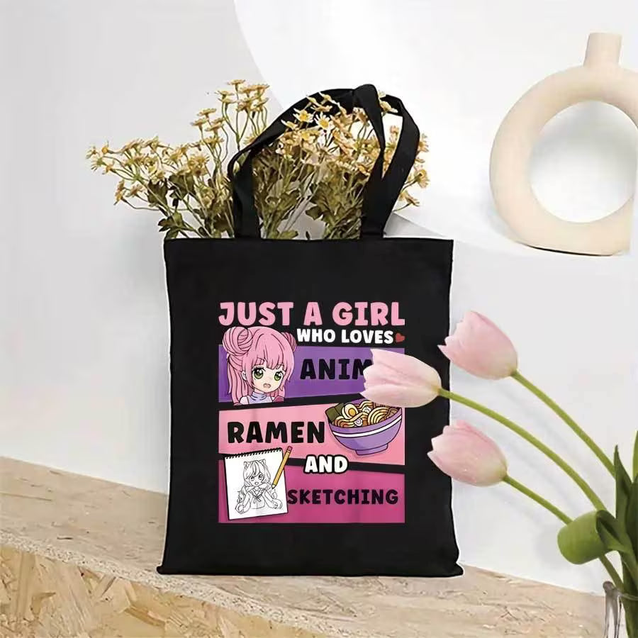 Just a Girl Who Loves Anime Ramen and Sketching Tote Bag | Cute Canvas Shoulder Bag for Anime Fans | Kawaii Gift for Teen Girls & Artists