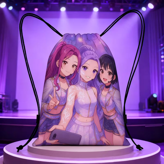 Cyber Girl Squad Drawstring Bag – Anime K-Pop Purple City Printed Backpack