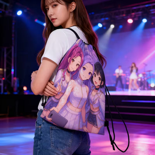 Cyber Girl Squad Drawstring Bag – Anime K-Pop Purple City Printed Backpack