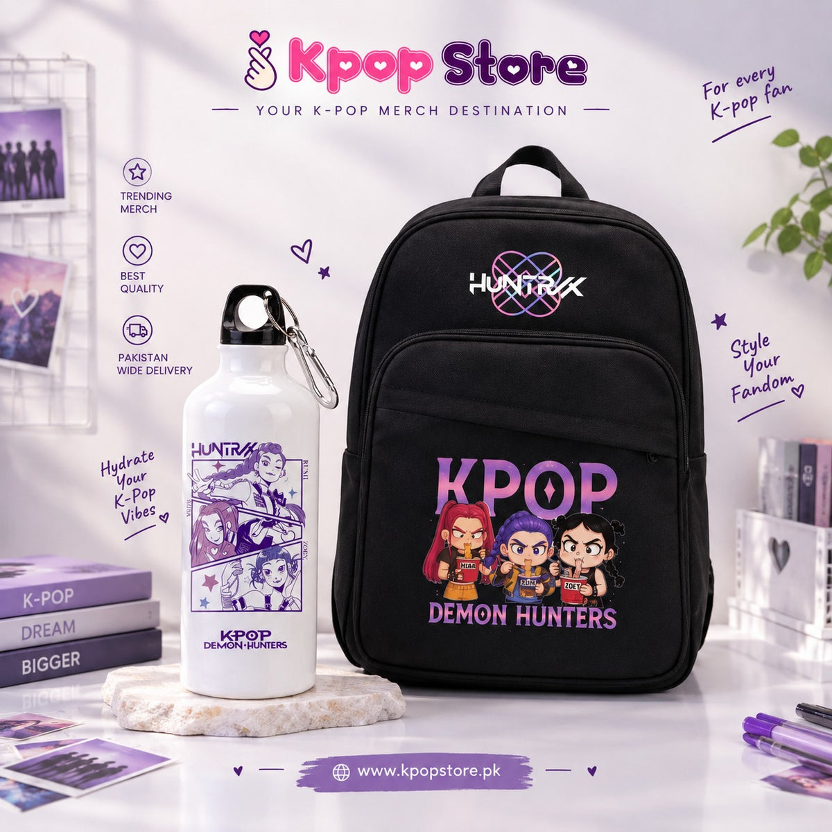 Huntr/X KPOP Demon Hunters Bag + Bottle Bundle – K-Pop Fan Combo Pack