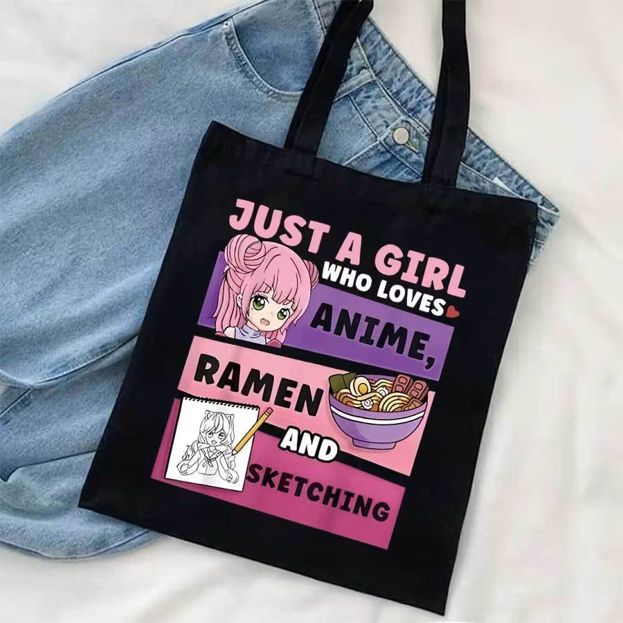 Just a Girl Who Loves Anime Ramen and Sketching Tote Bag | Cute Canvas Shoulder Bag for Anime Fans | Kawaii Gift for Teen Girls & Artists