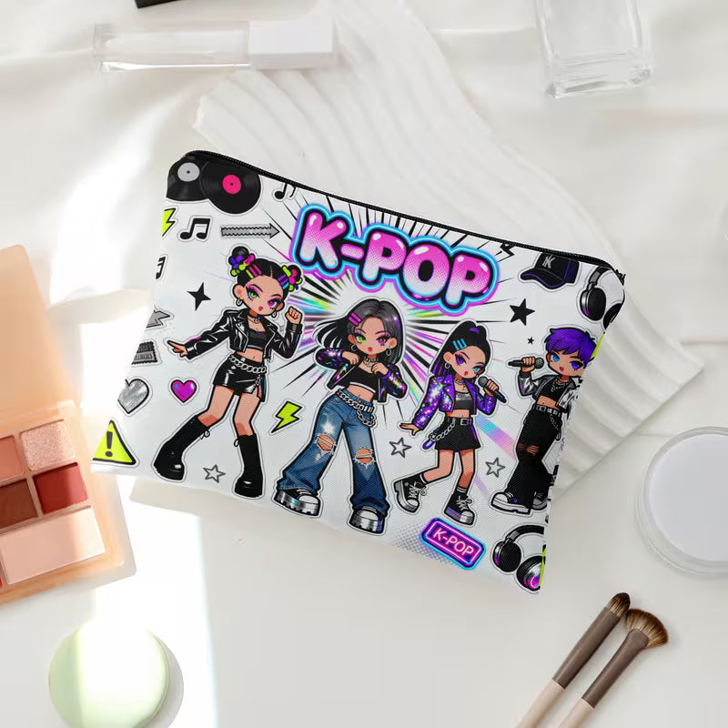 K-Pop Makeup Bag | Kawaii Idol Girl Group Zipper Cosmetic Pouch | Aesthetic Korean Pop Fan Merch