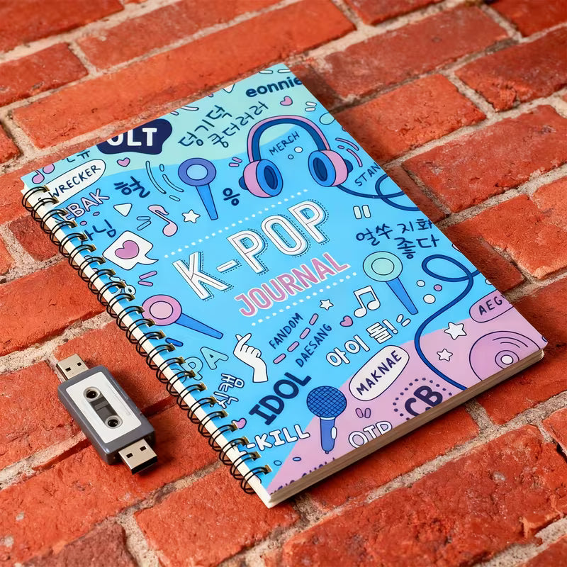 K-Pop Journal Spiral Notebook | Blue Aesthetic Kpop Doodle Diary with Korean Words & Music Icons