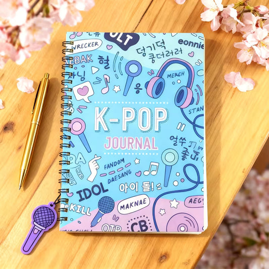 K-Pop Journal Spiral Notebook | Blue Aesthetic Kpop Doodle Diary with Korean Words & Music Icons