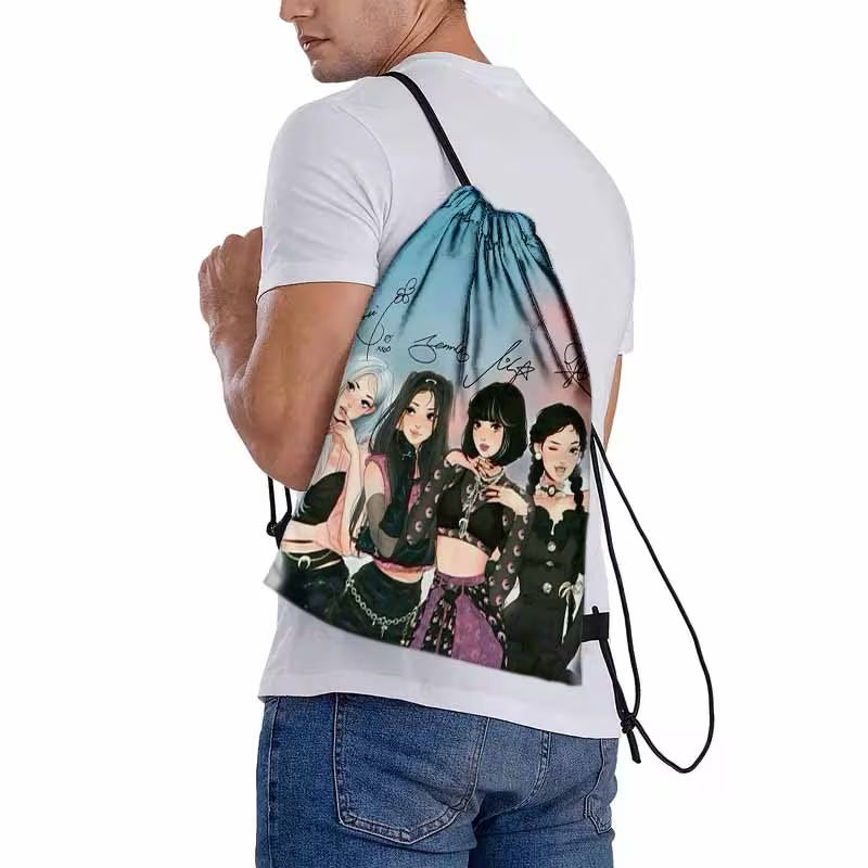 Blackpink Squad Anime Drawstring Bag – K-Pop Aesthetic Cinch Backpack
