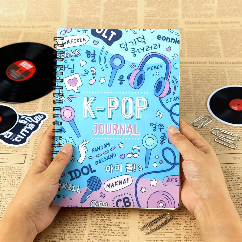 K-Pop Journal Spiral Notebook | Blue Aesthetic Kpop Doodle Diary with Korean Words & Music Icons