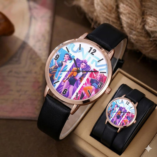 K-Pop Demon Hunters Inspired Watch – Aesthetic Black Leather Accessory for Girls