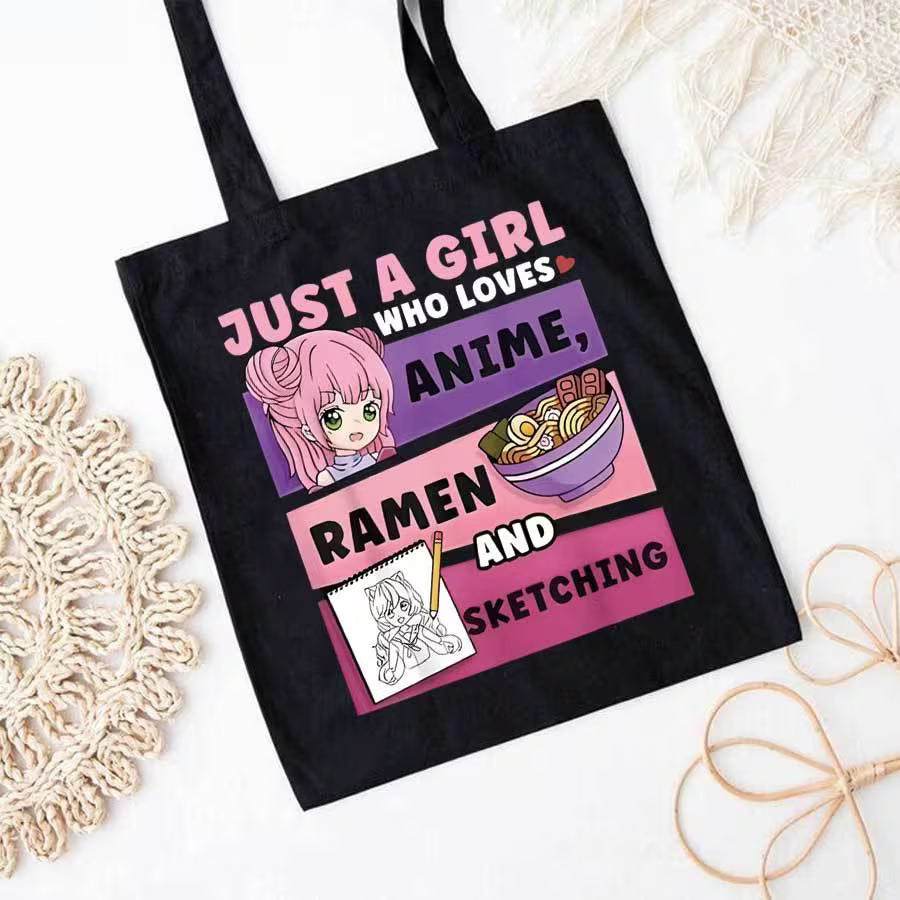 Just a Girl Who Loves Anime Ramen and Sketching Tote Bag | Cute Canvas Shoulder Bag for Anime Fans | Kawaii Gift for Teen Girls & Artists